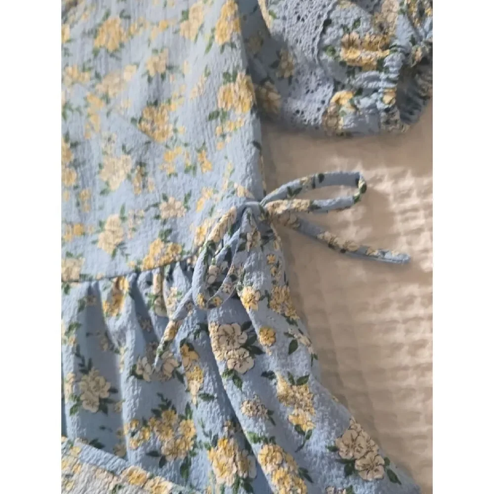 Light Blue Yellow Floral Puff-Sleeve Kids Dress